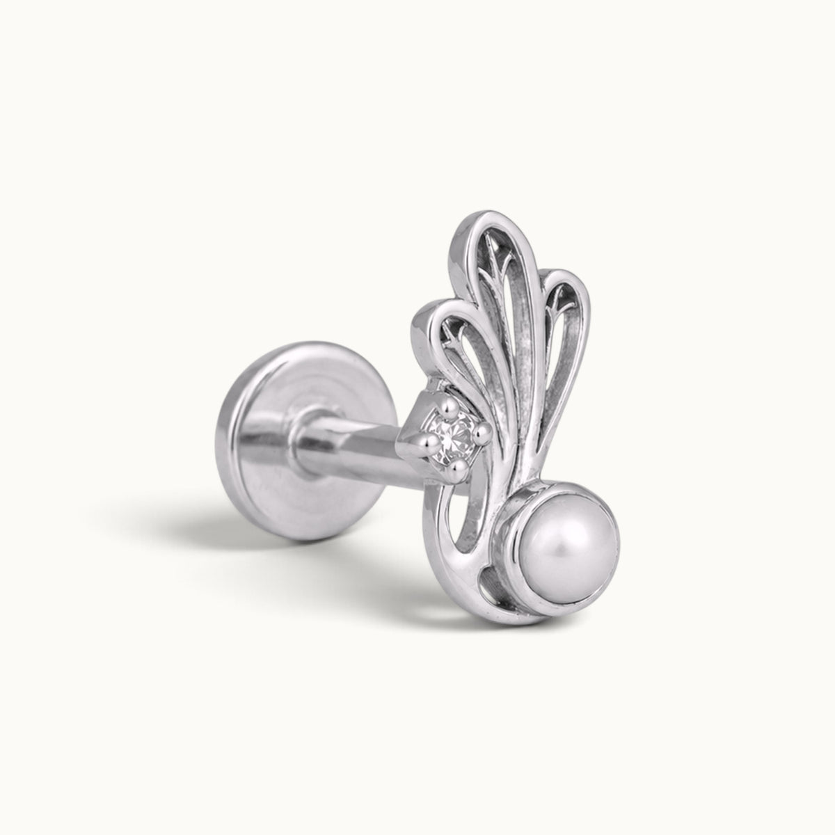 Elegant silver-tone piercing stud with a pearl and a small diamond accent