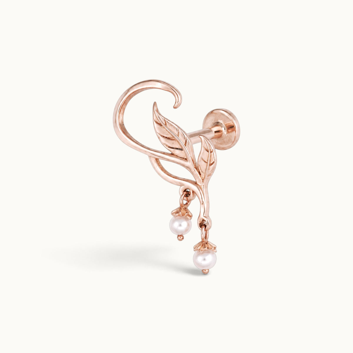 18k rose gold leaf ear crawler piercing with dangling pearls