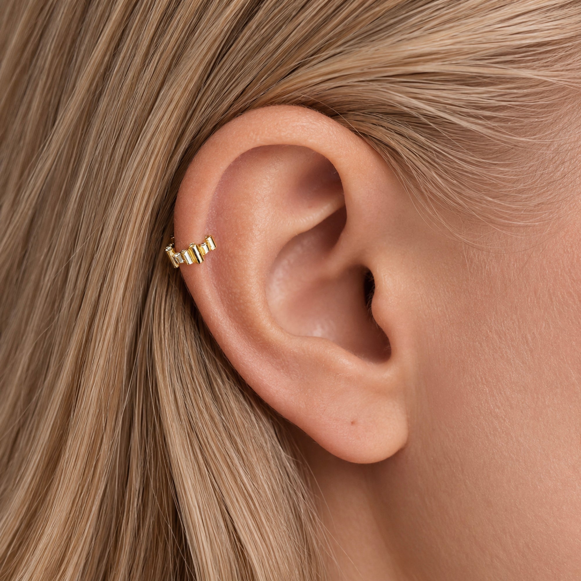 18k gold ear cuff with baguette stones, elegant piercing jewelry for cartilage