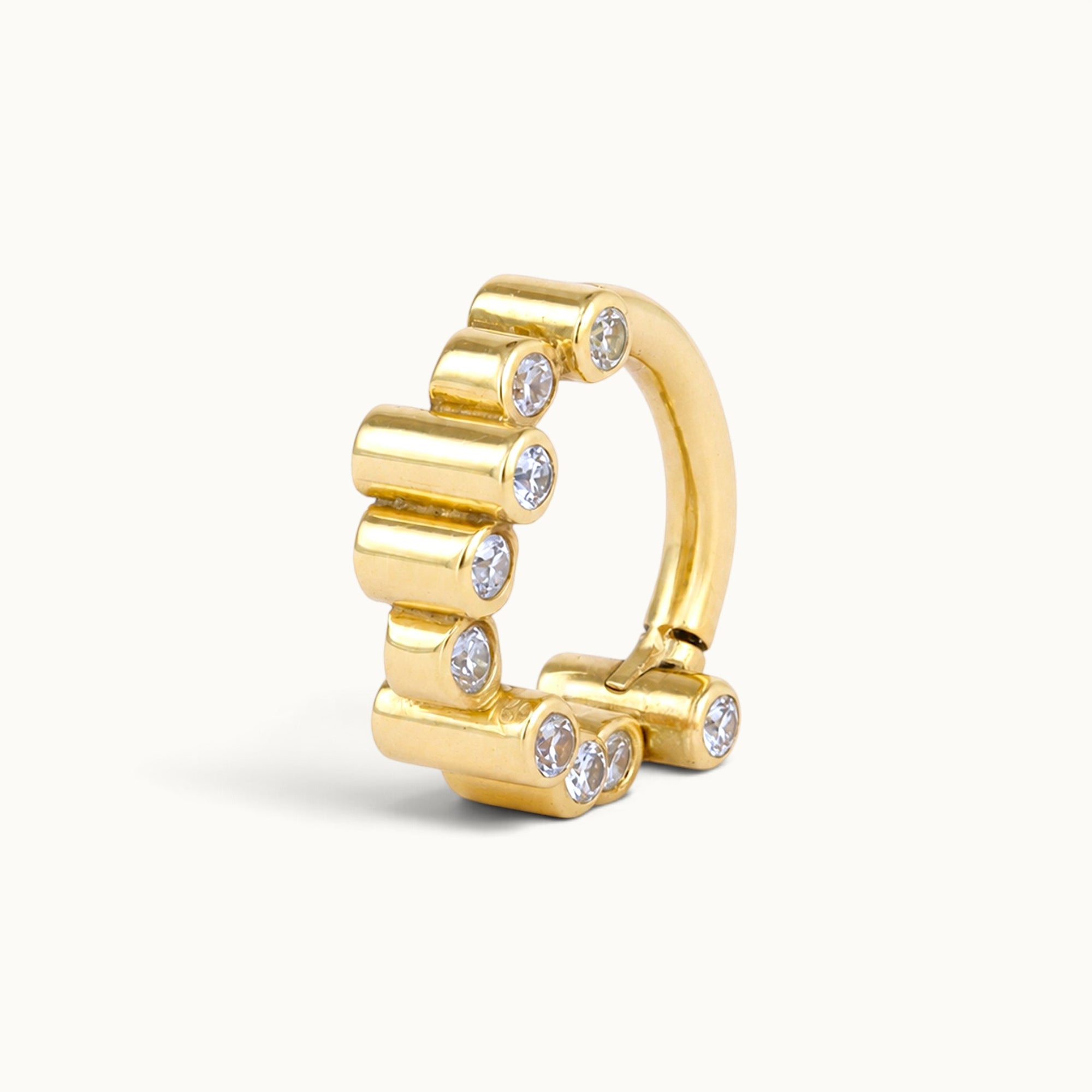 18k gold hinged hoop earring with clear gemstones, luxury piercing jewelry for ear or nose