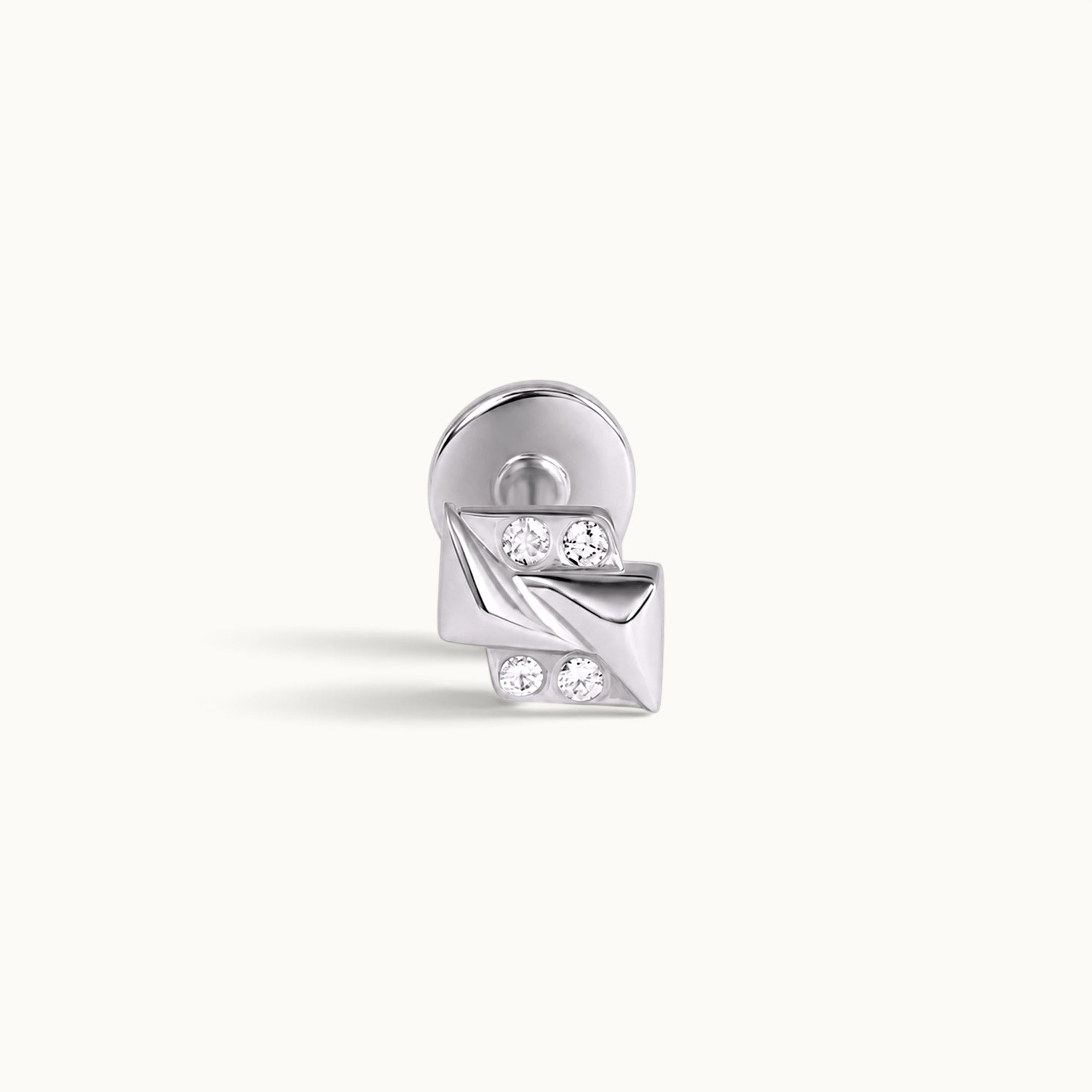 18k gold stud earring with geometric design and four sparkling diamonds, luxury piercing jewelry