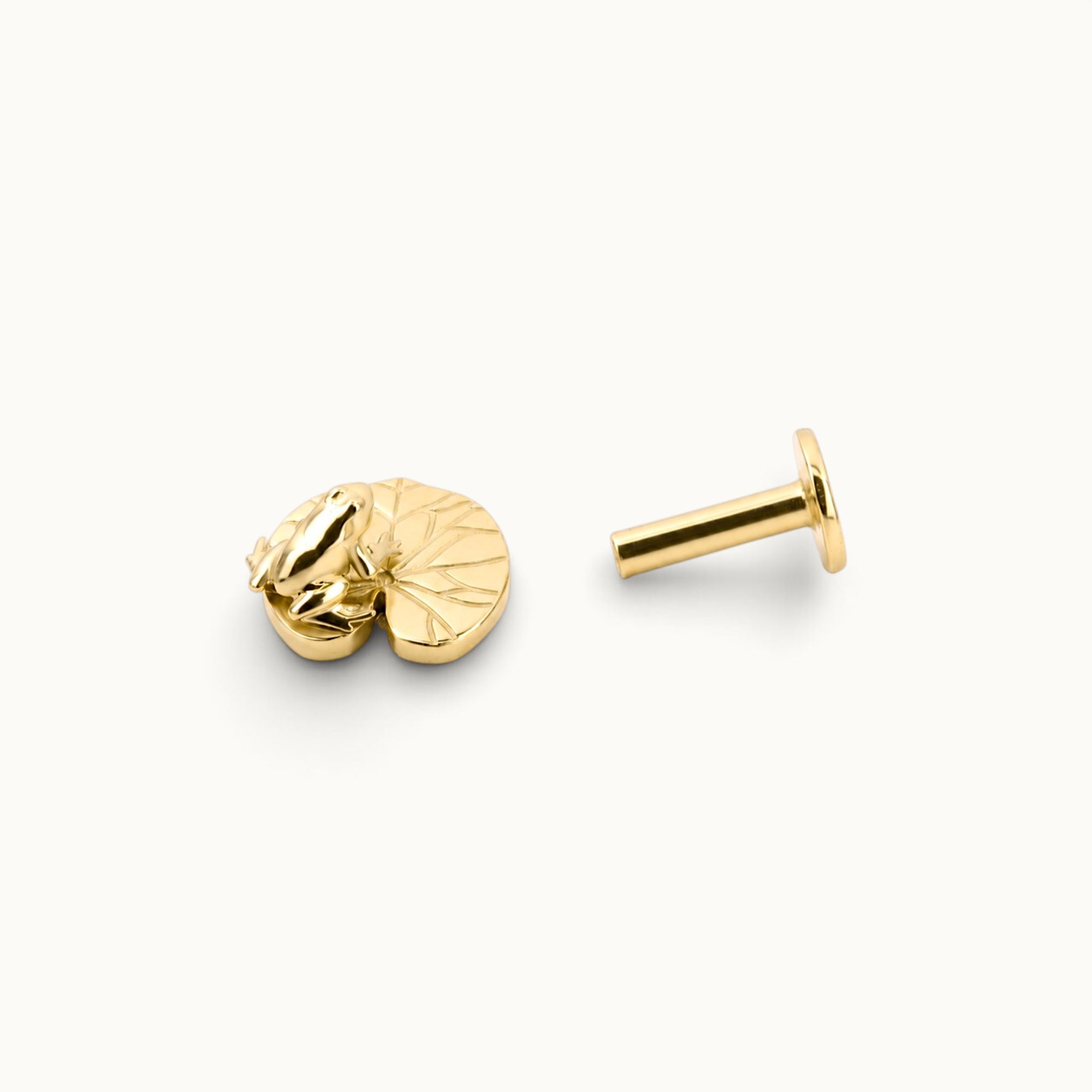 18k gold frog on lily pad piercing stud, luxury handmade body jewelry for ear or nose