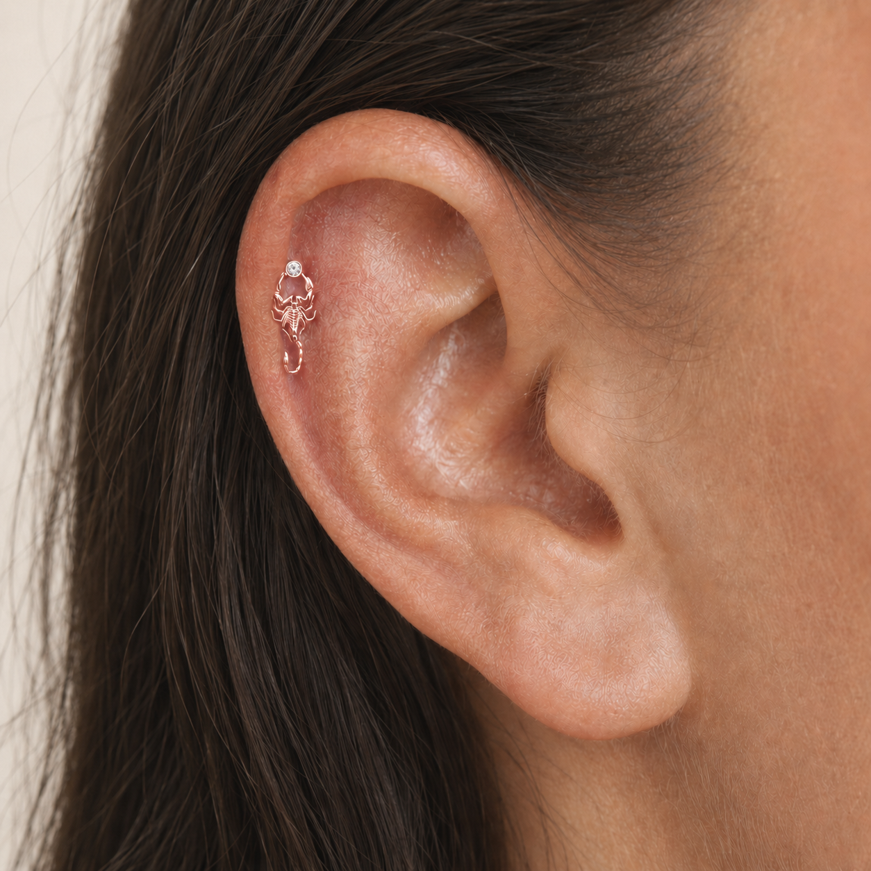 18k gold scorpion ear piercing jewelry with diamond accent, luxury body jewelry for helix or cartilage