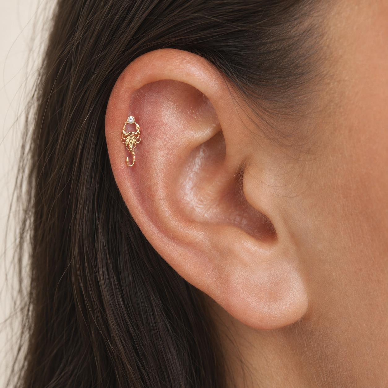 18k gold scorpion ear piercing with diamond, luxury body jewelry for elegant style