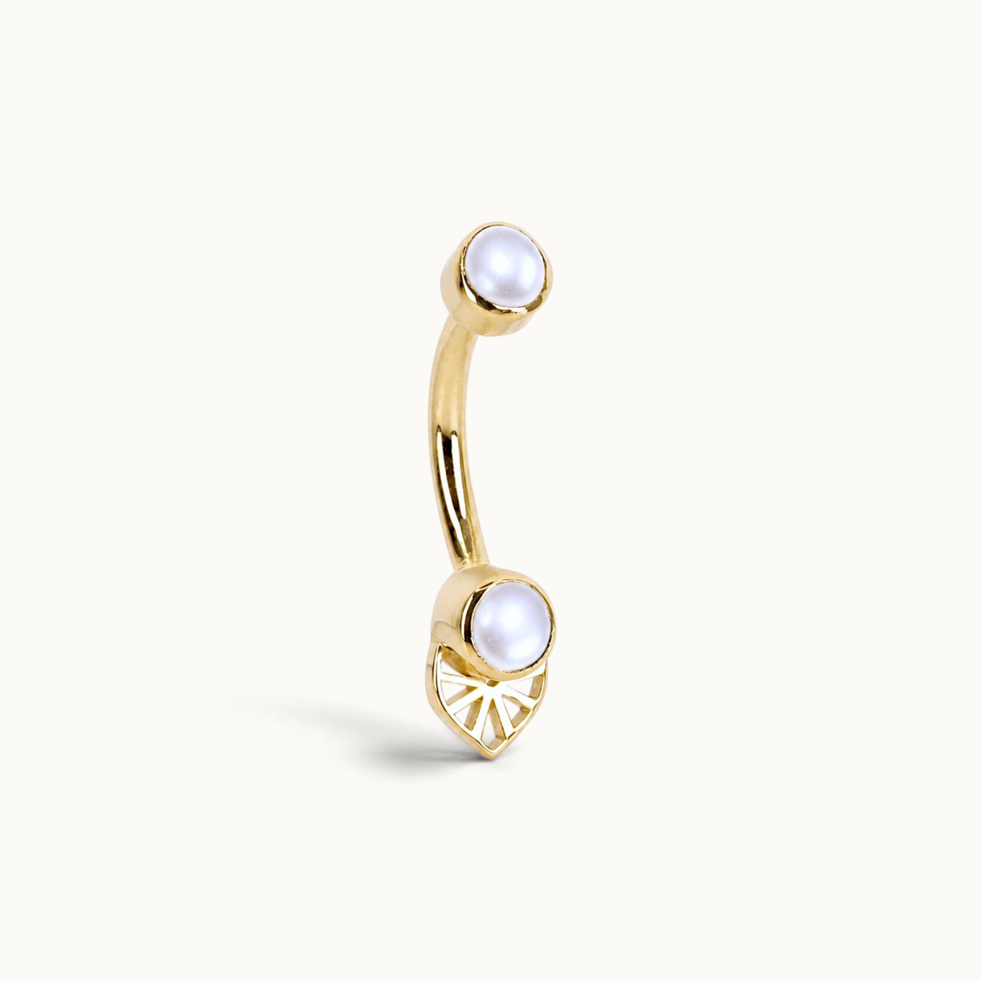 18k gold navel piercing with pearls and leaf design, luxury body jewelry