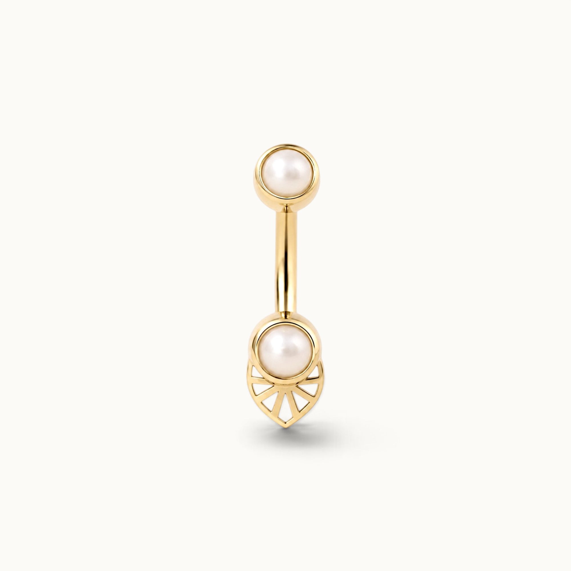 18k gold navel piercing with pearls and leaf design, luxury body jewelry