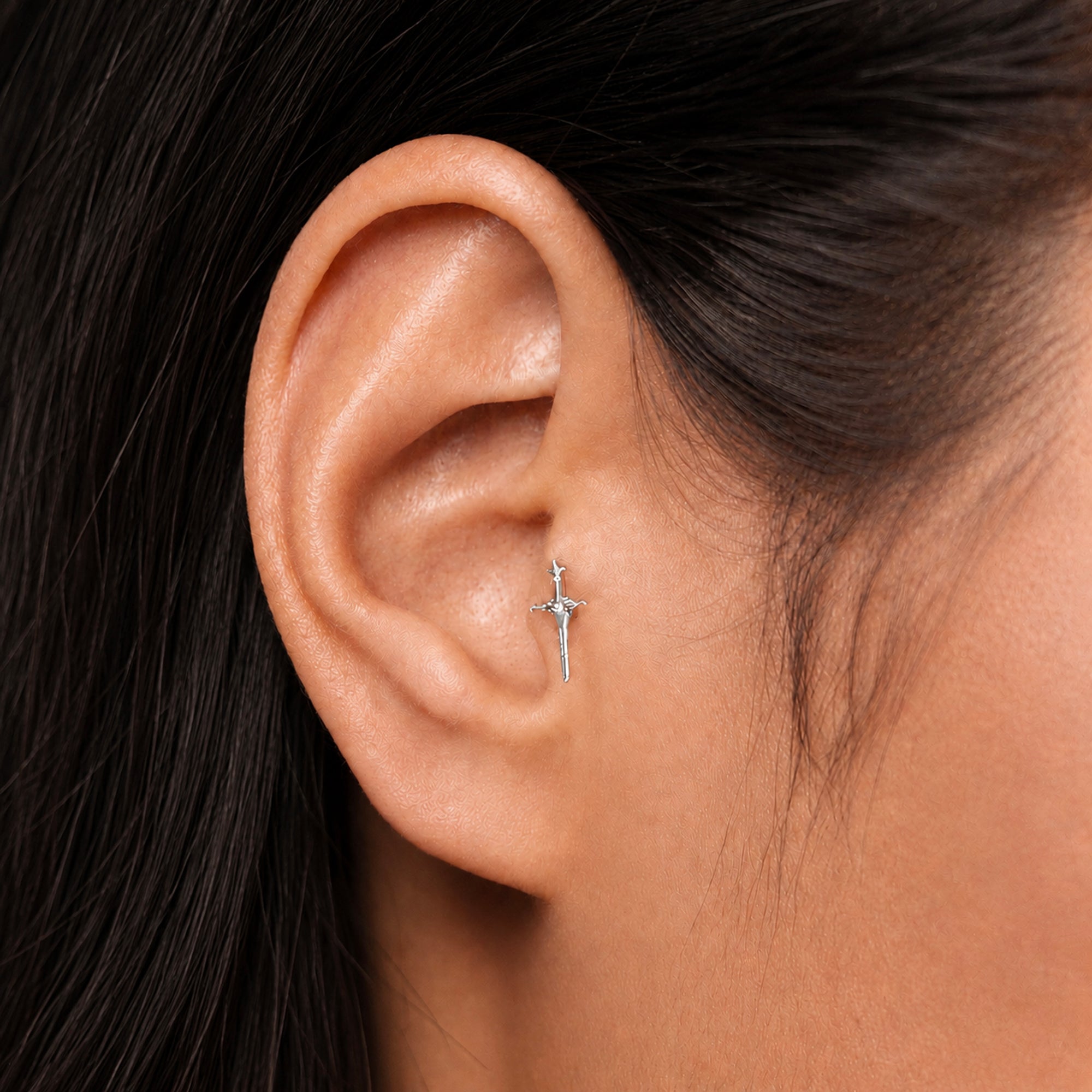 Delicate sword-shaped 18k gold ear piercing jewelry, handmade luxury body accessory for elegant style
