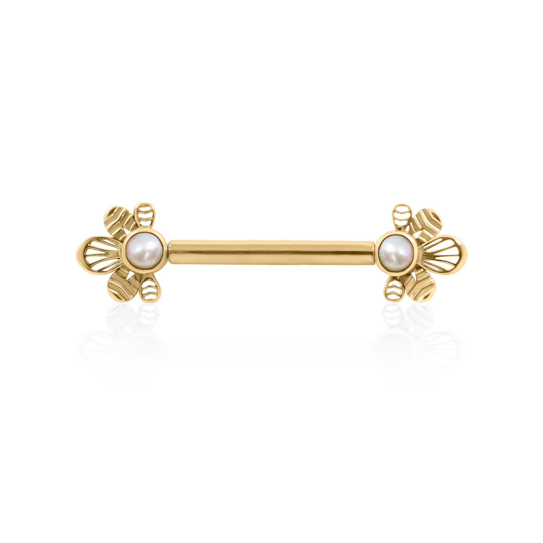 18k yellow solid gold nipple piercing barbell bee-inspired with pearls