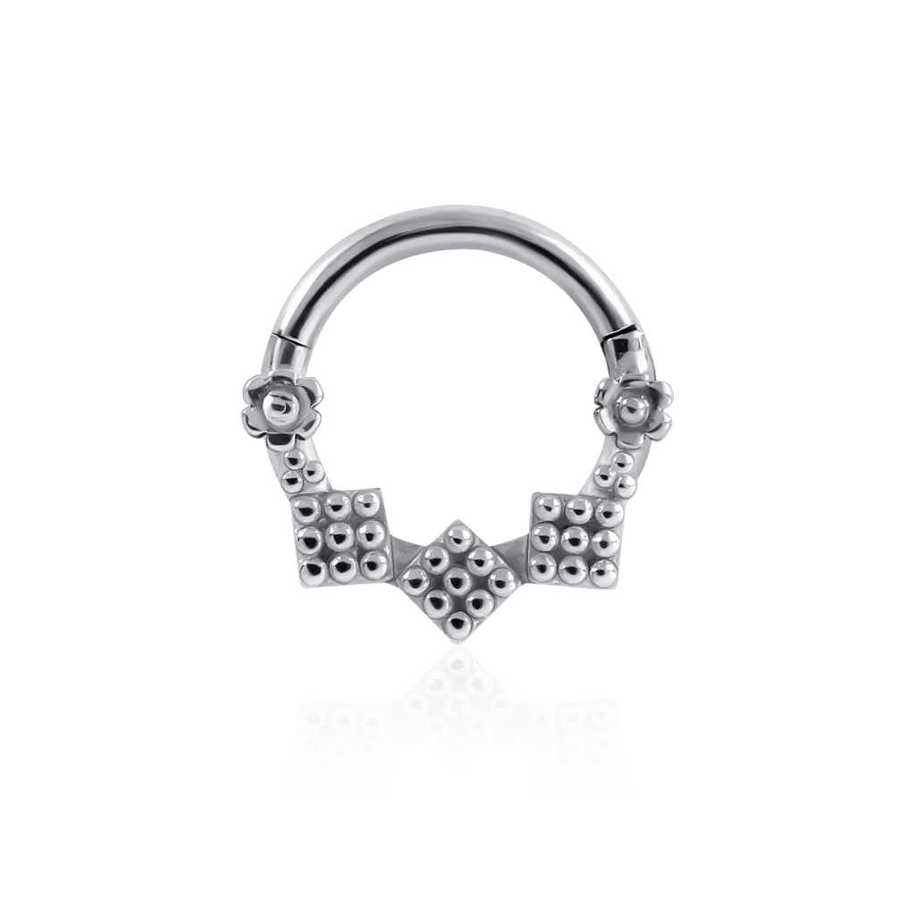 Front-facing diamond-shaped 18k white gold piercing ring with beads