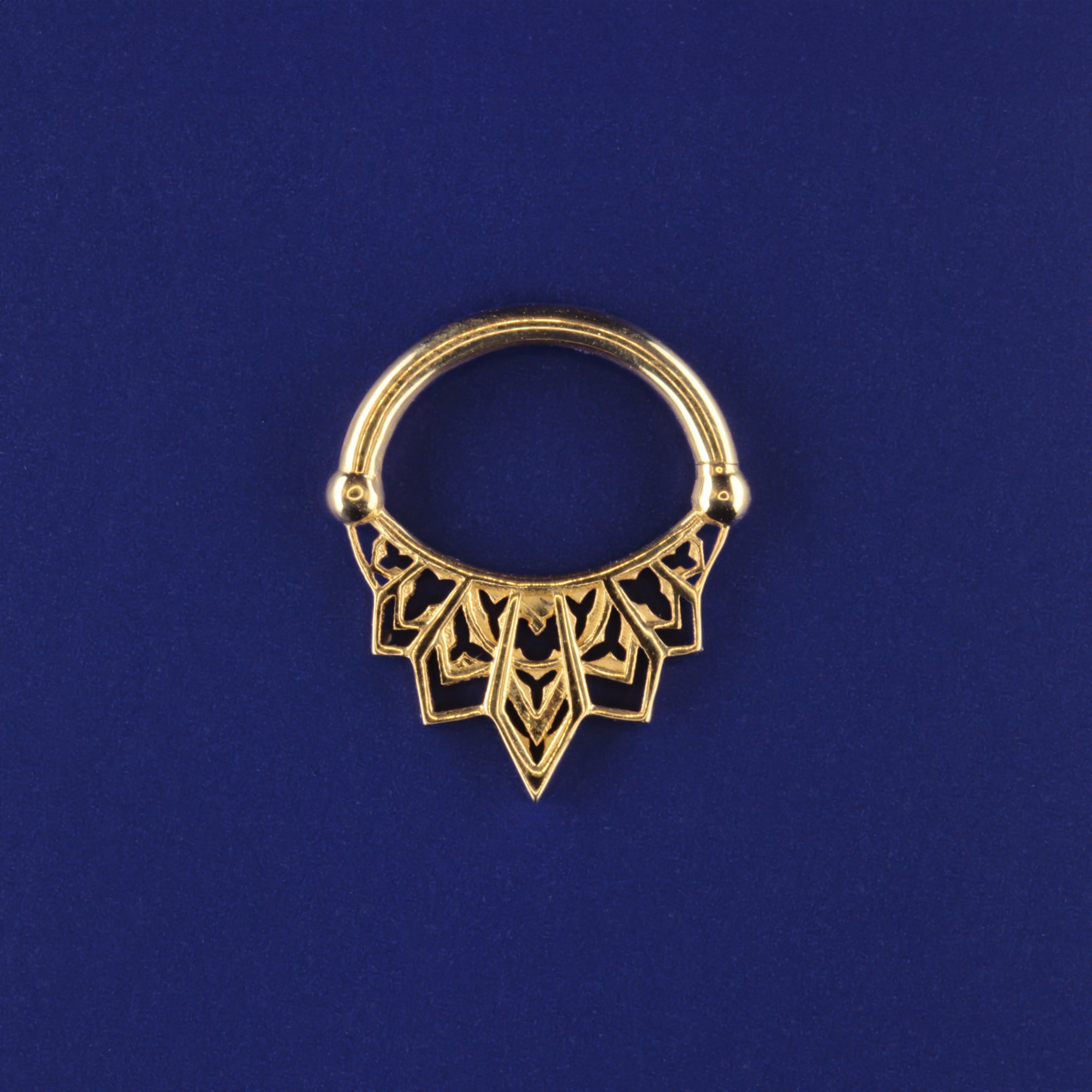 18k yellow gold custom piercing ring inspired by Gothic architecture